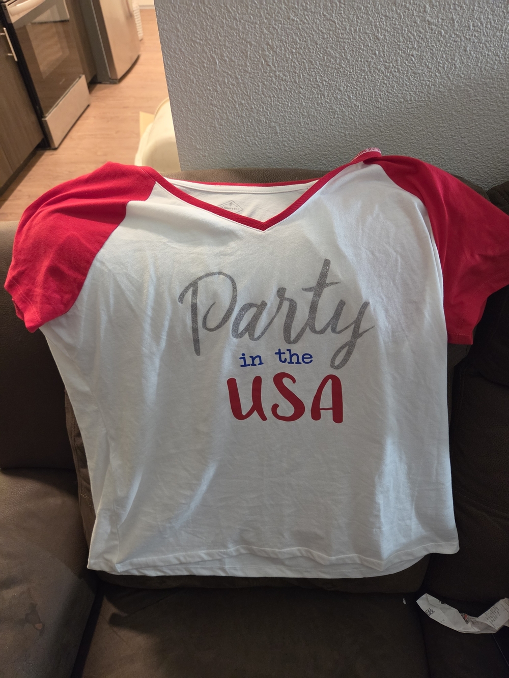 St. John's Bay White Tee with Red Sleeves - "Party in the USA"